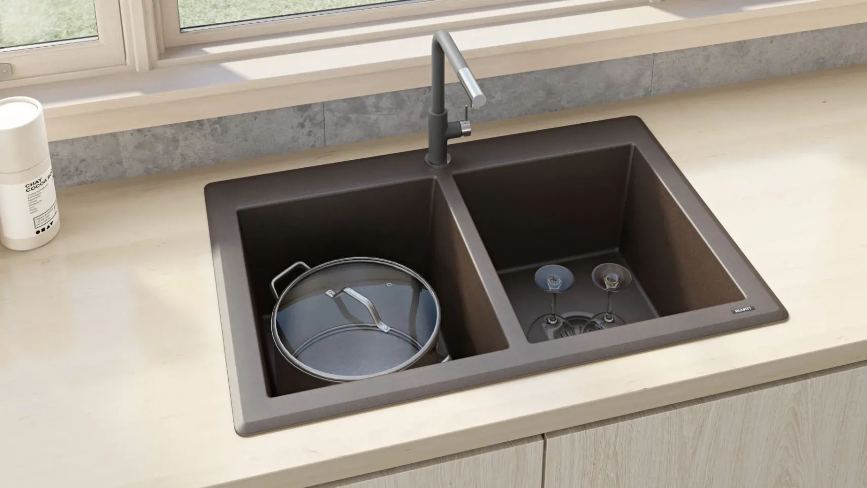 Ruvati epiGranite 33" Dual-Mount Granite Composite Kitchen Sink, 50/50 Double Bowl, Espresso / Coffee Brown, RVG1388ES