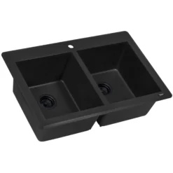 Ruvati epiGranite 33" Dual-Mount Granite Composite Kitchen Sink, 50/50 Double Bowl, Midnight Black, RVG1388BK