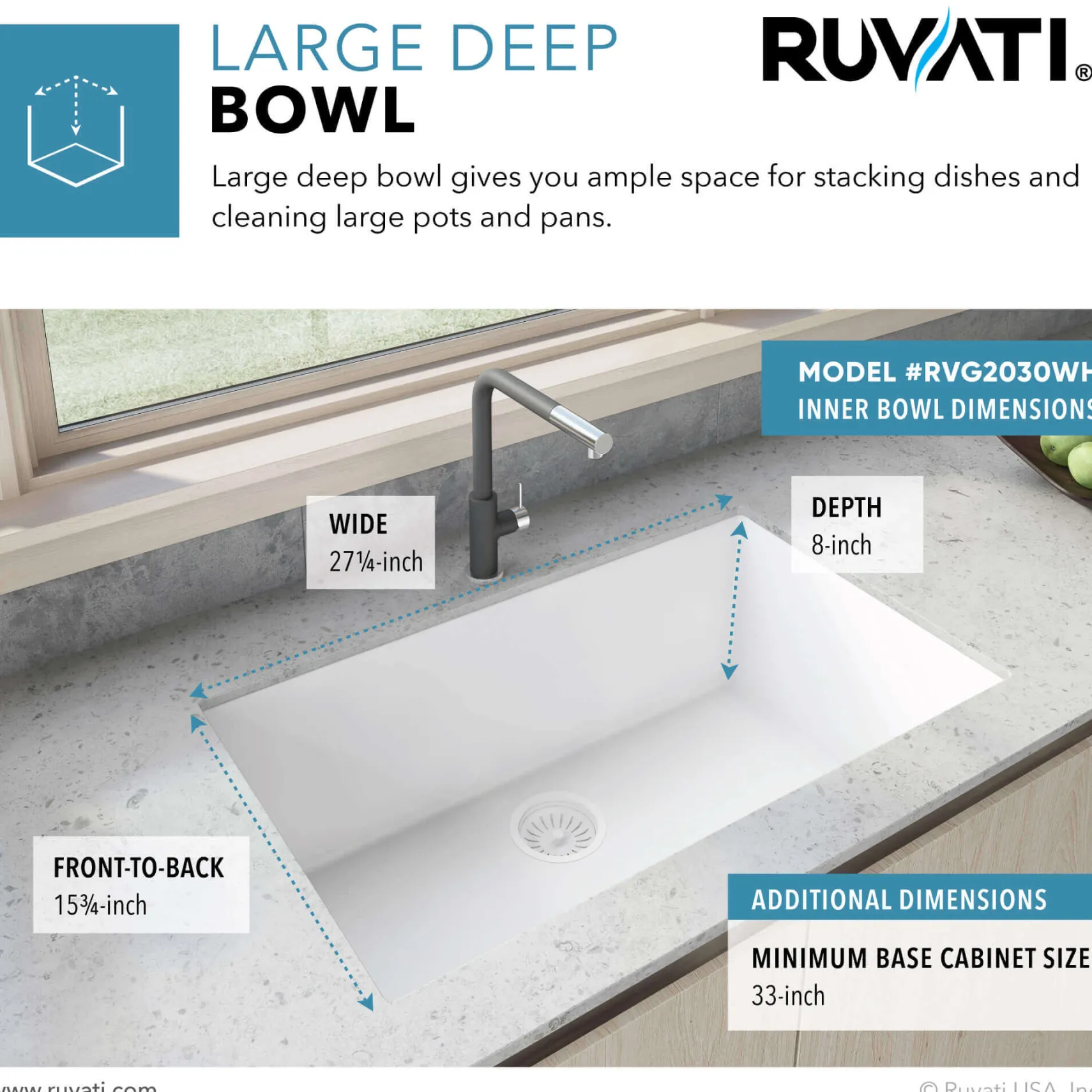 Ruvati epiGranite 30" Undermount Granite Composite Kitchen Sink, Arctic White, RVG2030WH