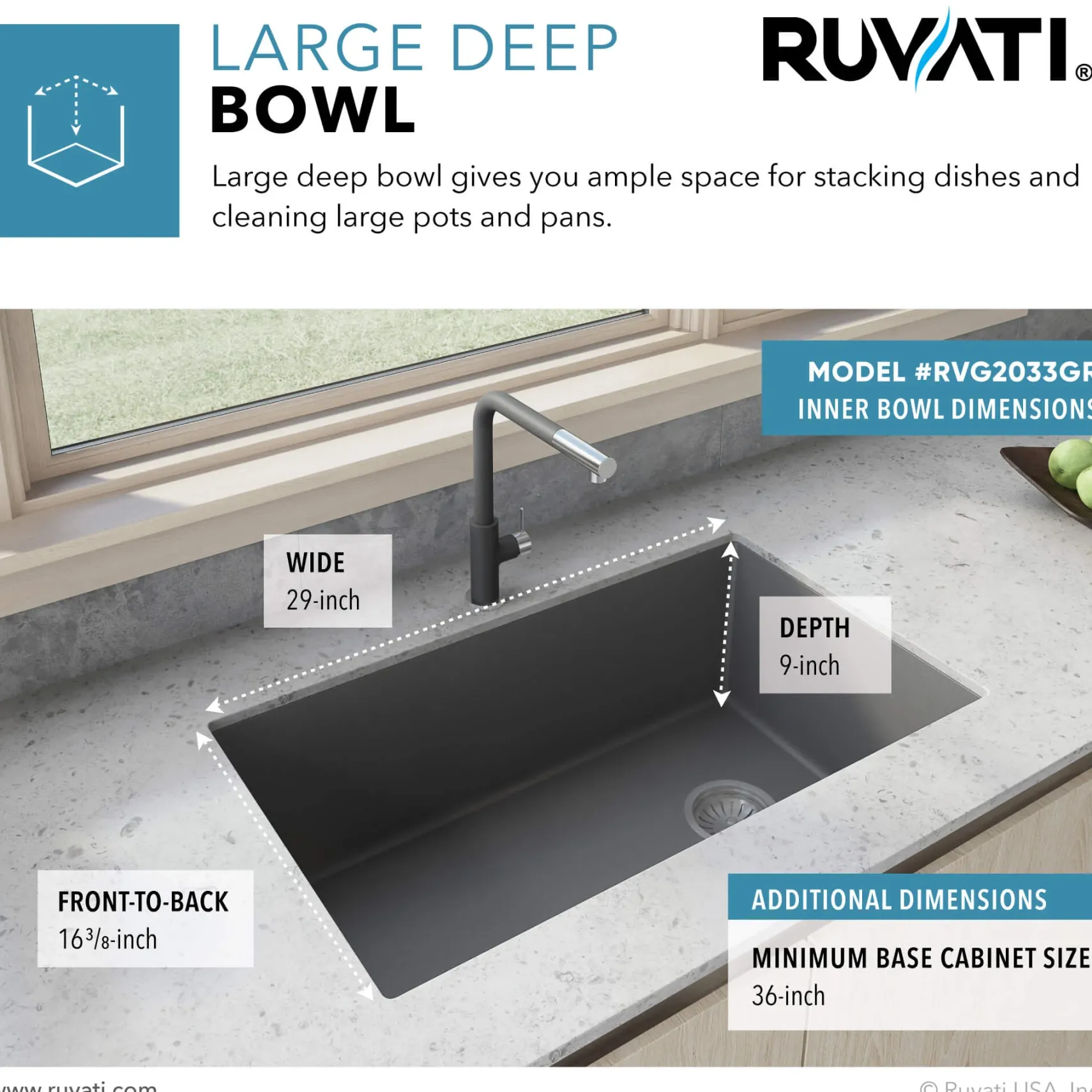 Ruvati epiGranite 32" Undermount Granite Composite Kitchen Sink, Urban Gray, RVG2033UG