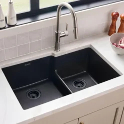 Ruvati epiGranite 33" Undermount Granite Composite Workstation Kitchen Sink, 60/40 Double Bowl, Midnight Black, RVG2347BK