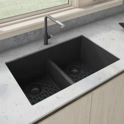 Ruvati epiGranite 33" Undermount Granite Composite Kitchen Sink, 50/50 Low Divide Double Bowl, Midnight Black, RVG2385BK