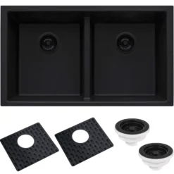 Ruvati epiGranite 33" Undermount Granite Composite Kitchen Sink, 50/50 Low Divide Double Bowl, Midnight Black, RVG2385BK
