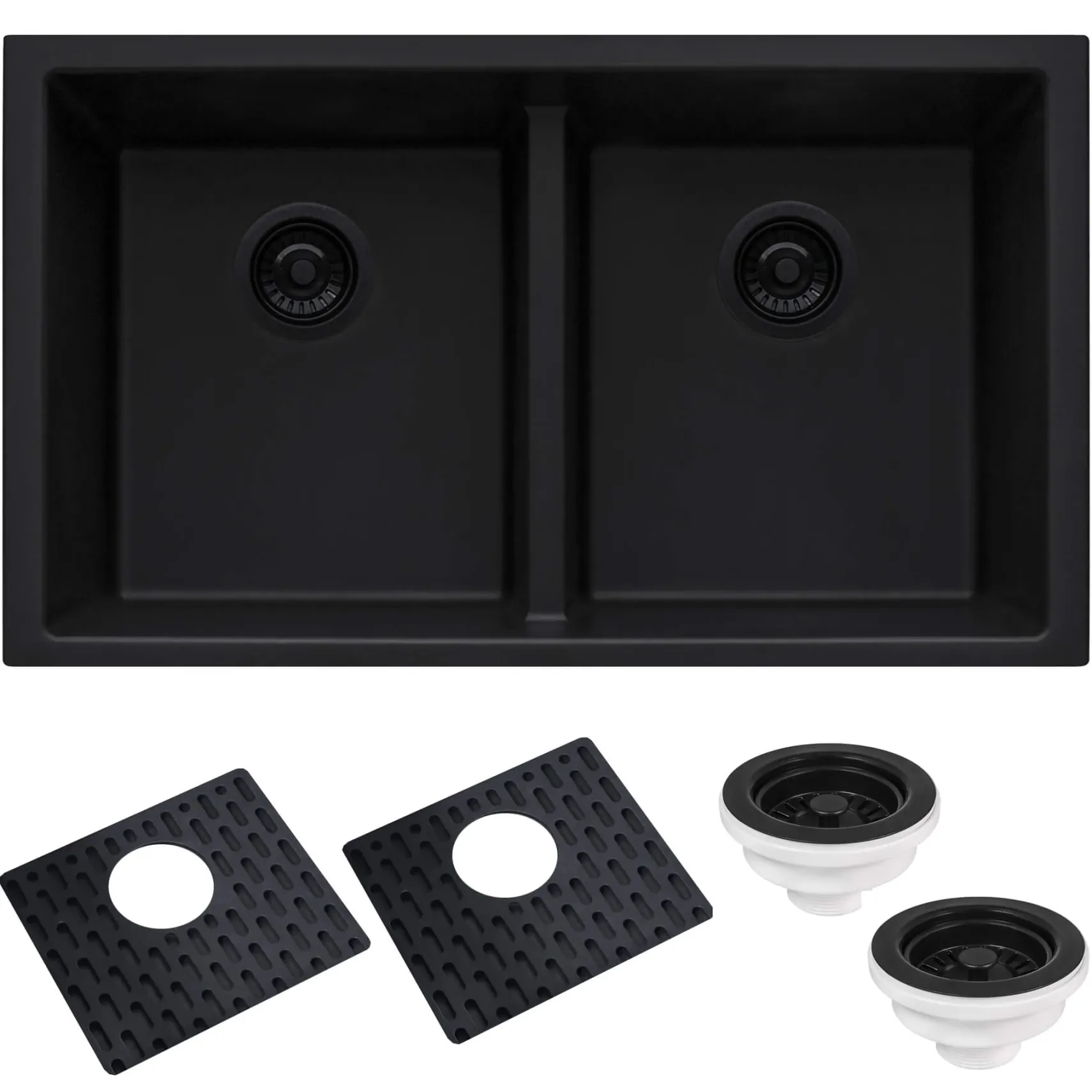 Ruvati epiGranite 33" Undermount Granite Composite Kitchen Sink, 50/50 Low Divide Double Bowl, Midnight Black, RVG2385BK