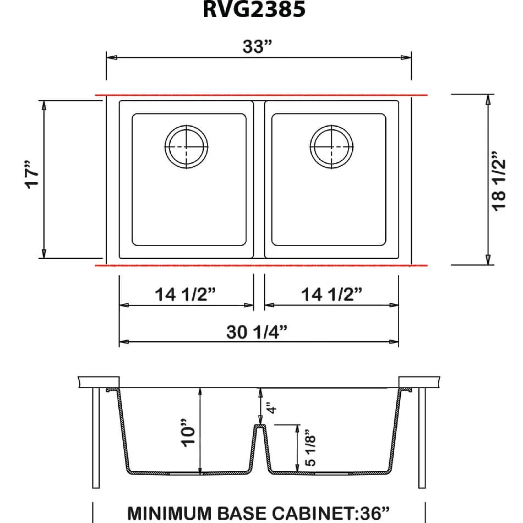 Ruvati epiGranite 33" Undermount Granite Composite Kitchen Sink, 50/50 Low Divide Double Bowl, Midnight Black, RVG2385BK