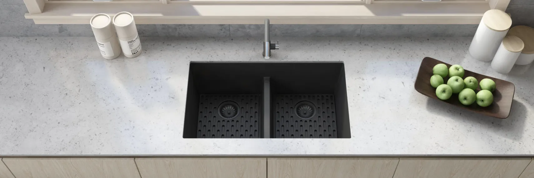 Ruvati epiGranite 33" Undermount Granite Composite Kitchen Sink, 50/50 Low Divide Double Bowl, Midnight Black, RVG2385BK