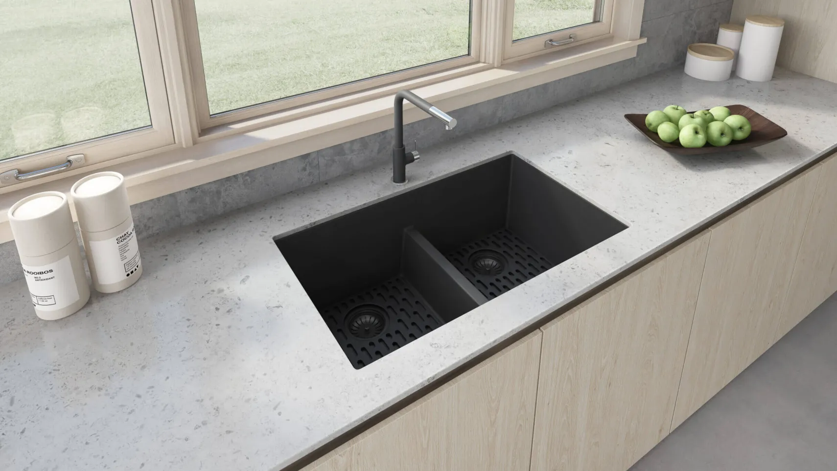 Ruvati epiGranite 33" Undermount Granite Composite Kitchen Sink, 50/50 Low Divide Double Bowl, Midnight Black, RVG2385BK