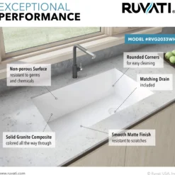 Ruvati epiGranite 32" Undermount Granite Composite Kitchen Sink, Arctic White, RVG2033WH