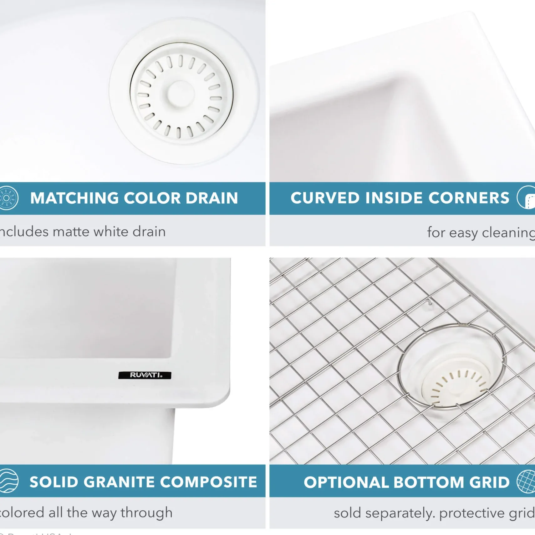 Ruvati epiGranite 32" Undermount Granite Composite Kitchen Sink, Arctic White, RVG2033WH