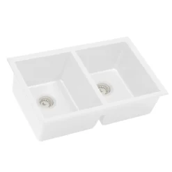 Ruvati epiGranite 32 x 19 inch Granite Composite Undermount Double Bowl Kitchen Sink, Arctic White, RVG2388WH