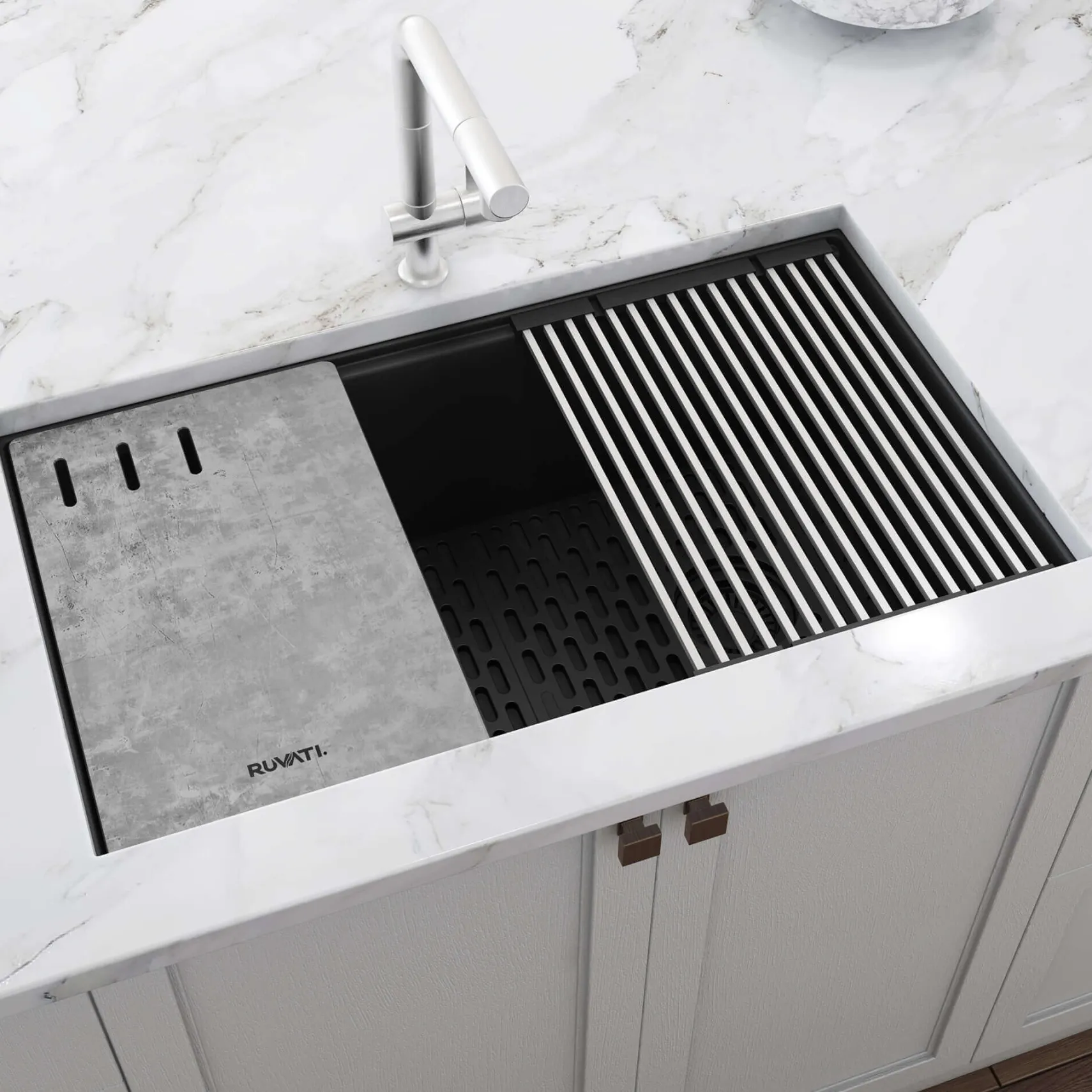 Ruvati epiStage 33" Undermount Granite Composite Workstation Kitchen Sink, Midnight Black, RVG2302BK
