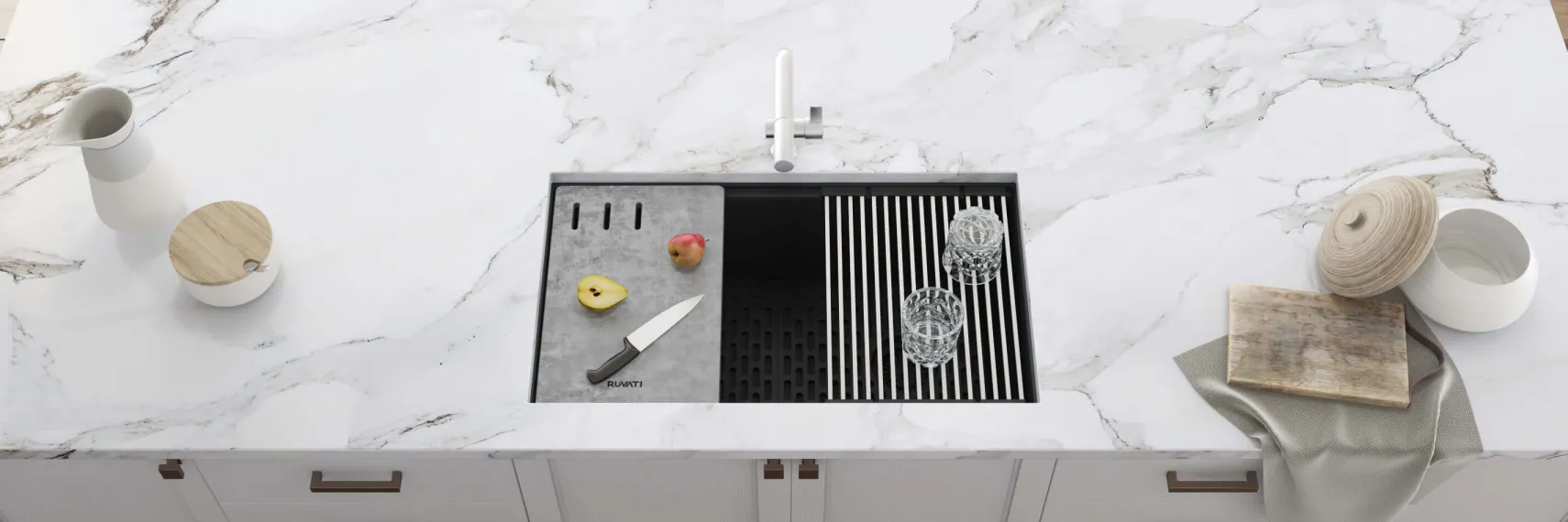 Ruvati epiStage 33" Undermount Granite Composite Workstation Kitchen Sink, Midnight Black, RVG2302BK