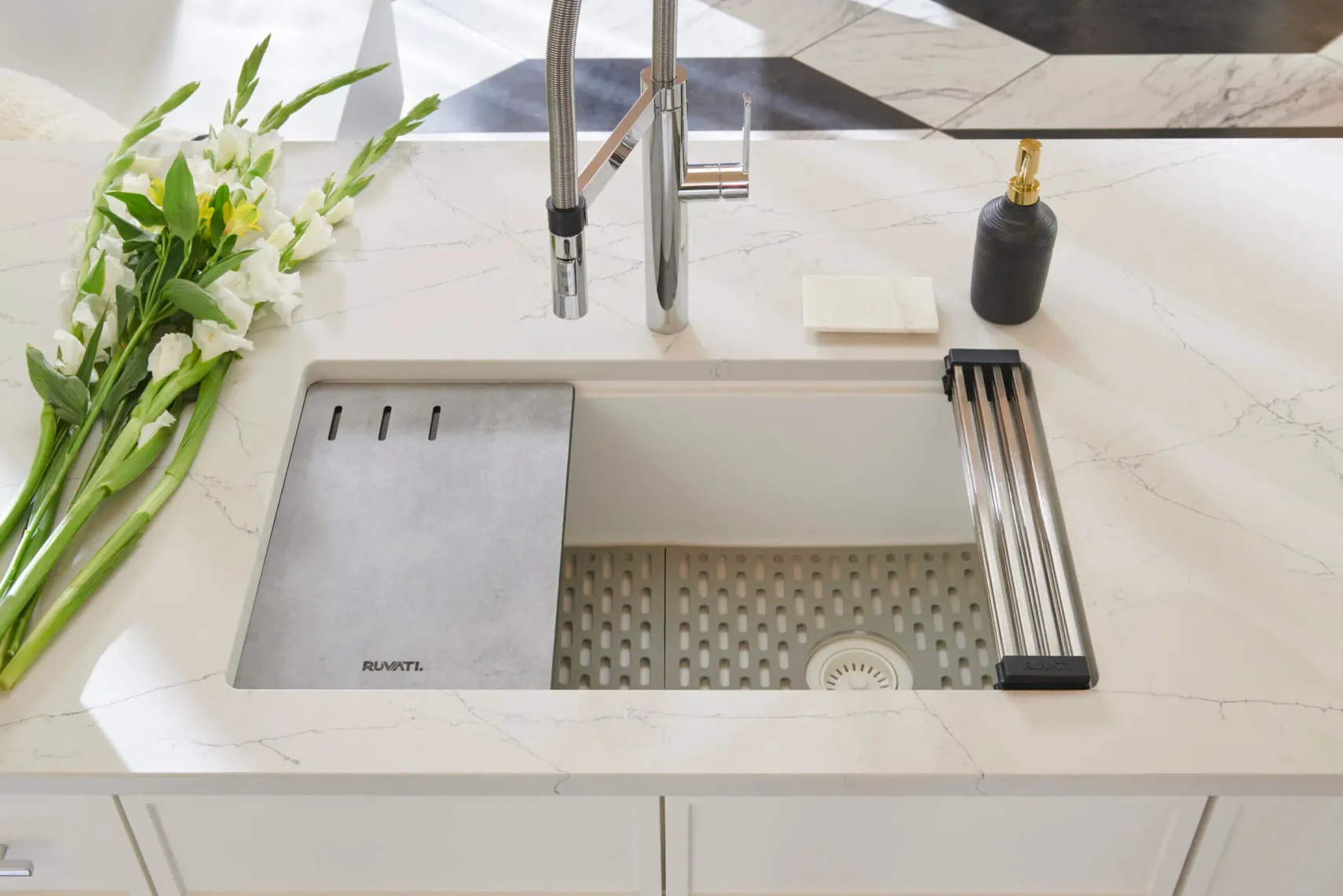 Ruvati epiStage 33" Undermount Granite Composite Workstation Kitchen Sink, Arctic White, RVG2302WH