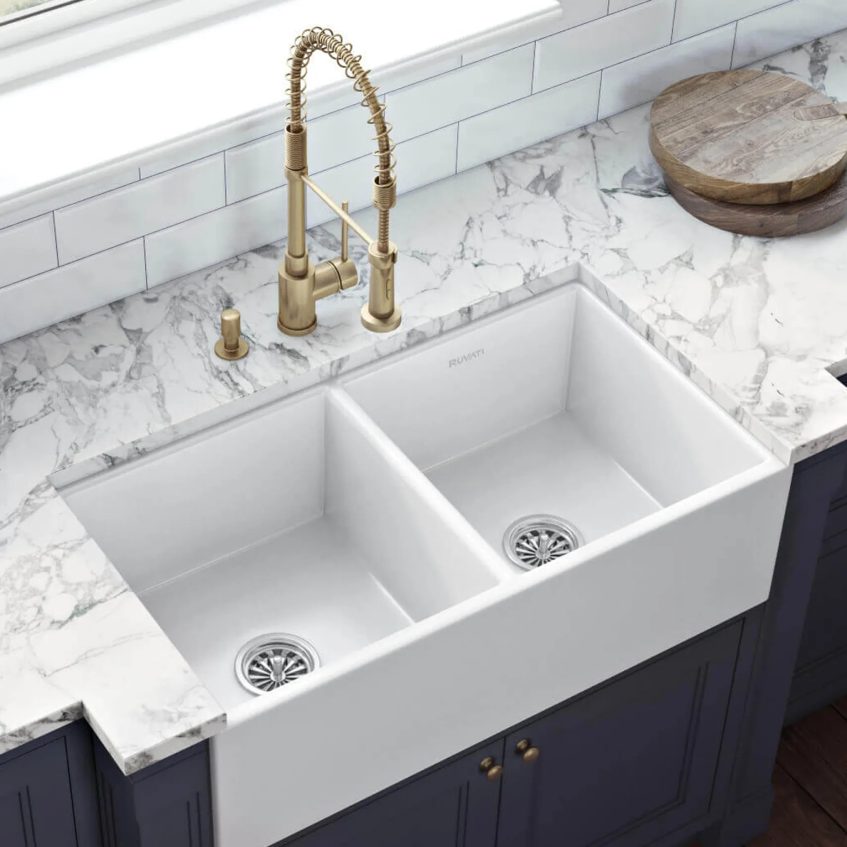 Ruvati Fiamma 33" Fireclay Apron-front Farmhouse Sink, 50/50 Double Bowl, White, RVL2311WH