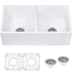 Ruvati Fiamma 33" Fireclay Apron-front Farmhouse Sink, 50/50 Double Bowl, White, RVL2311WH