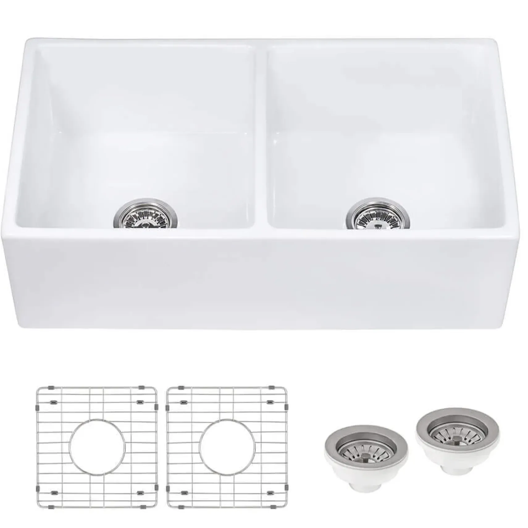 Ruvati Fiamma 33" Fireclay Apron-front Farmhouse Sink, 50/50 Double Bowl, White, RVL2311WH