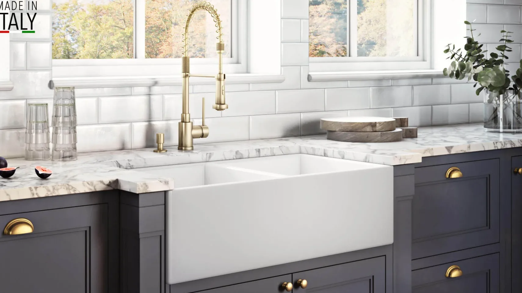 Ruvati Fiamma 33" Fireclay Apron-front Farmhouse Sink, 50/50 Double Bowl, White, RVL2311WH