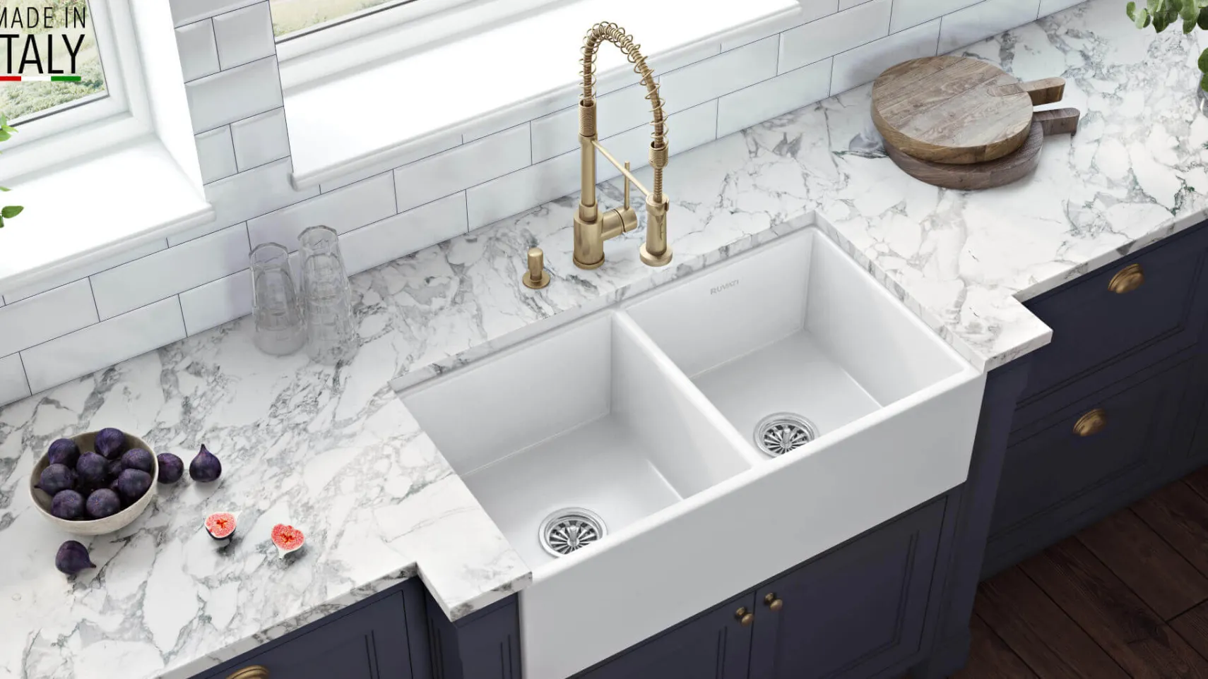 Ruvati Fiamma 33" Fireclay Apron-front Farmhouse Sink, 50/50 Double Bowl, White, RVL2311WH