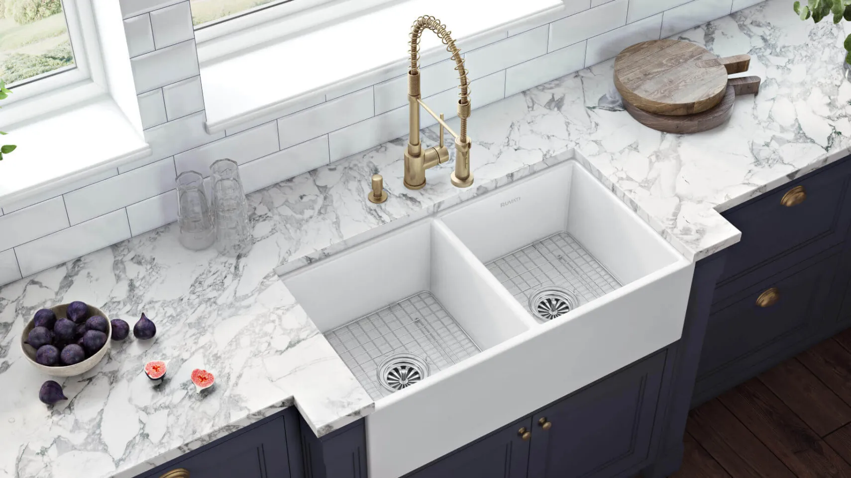 Ruvati Fiamma 33" Fireclay Apron-front Farmhouse Sink, 50/50 Double Bowl, White, RVL2311WH