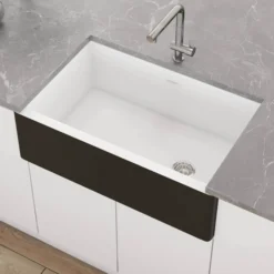 Ruvati Fiamma 30" Fireclay Offset Drain Farmhouse Sink, Black and White, RVL4018RBW