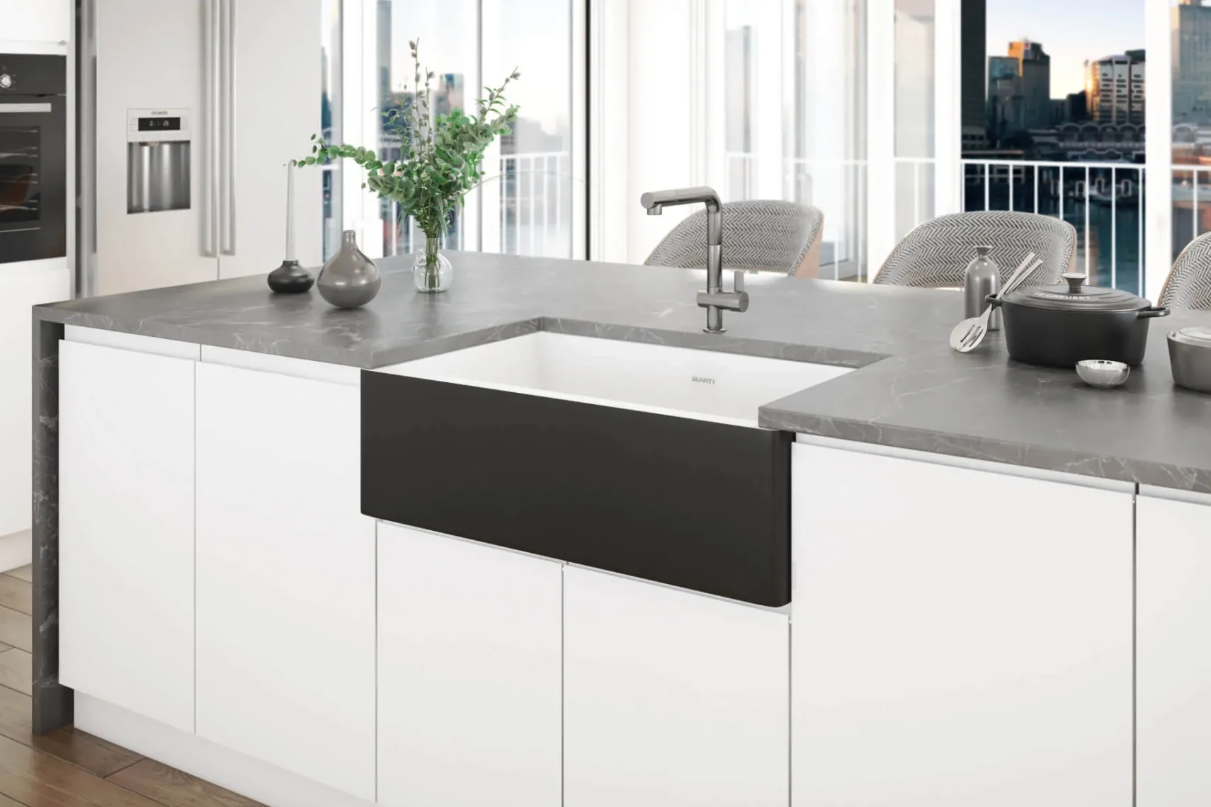 Ruvati Fiamma 30" Fireclay Offset Drain Farmhouse Sink, Black and White, RVL4018RBW