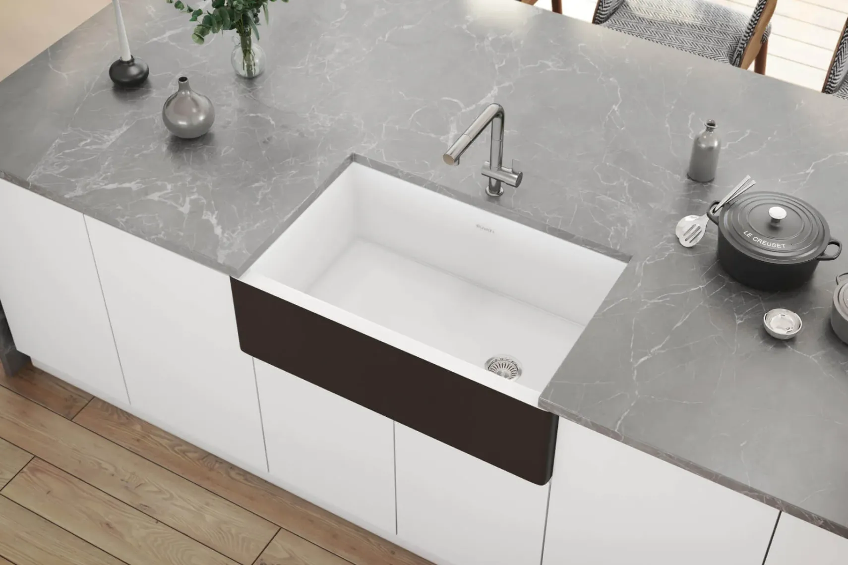 Ruvati Fiamma 30" Fireclay Offset Drain Farmhouse Sink, Black and White, RVL4018RBW