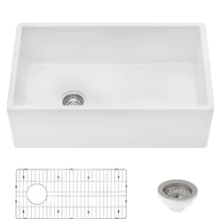 Ruvati Fiamma 30" Fireclay Offset Drain Farmhouse Sink, White, Left Drain, RVL2018WL