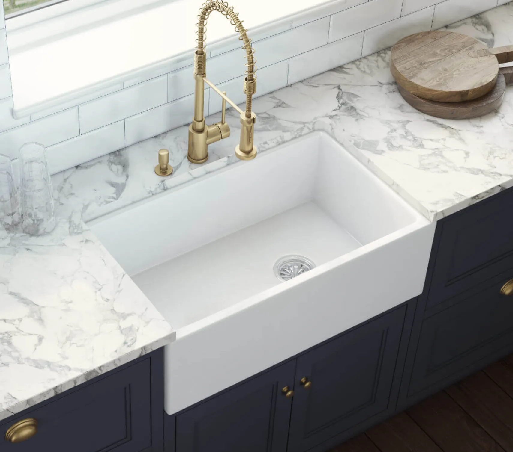 Ruvati Fiamma 30" Fireclay Offset Drain Farmhouse Sink, White, Right Drain, RVL2018WR