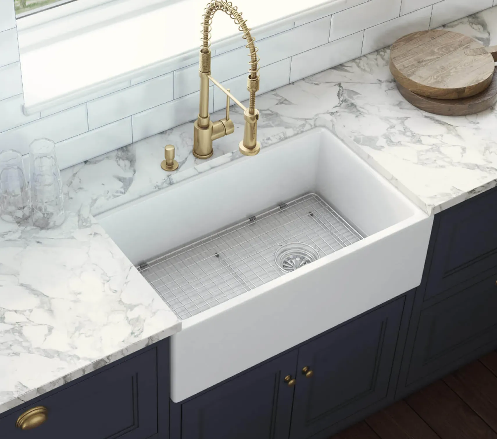 Ruvati Fiamma 30" Fireclay Offset Drain Farmhouse Sink, White, Right Drain, RVL2018WR
