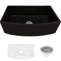 Ruvati Fiamma 33 inch Fireclay Black Farmhouse Kitchen Sink Bow Front Curved Apron Single Bowl, Glossy Black, RVL2398BK
