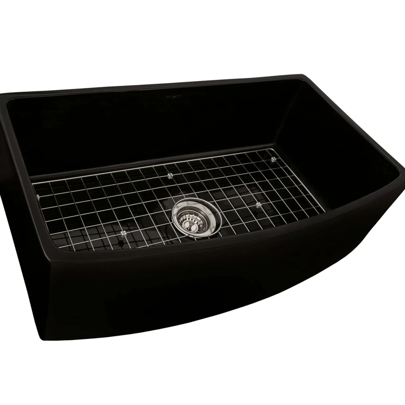 Ruvati Fiamma 33 inch Fireclay Black Farmhouse Kitchen Sink Bow Front Curved Apron Single Bowl, Glossy Black, RVL2398BK