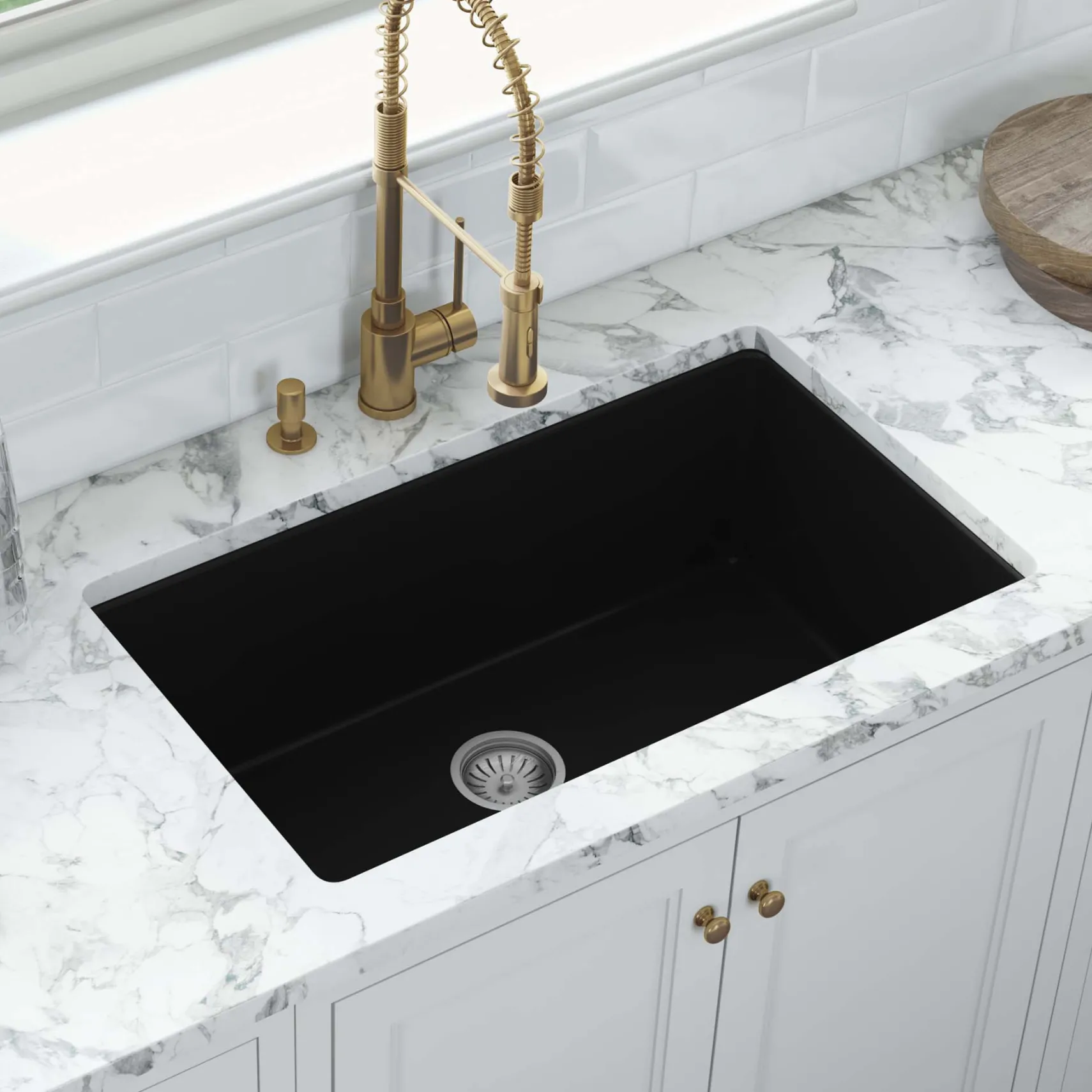 Ruvati Fiamma 30-inch Fireclay Undermount / Drop-in Topmount Kitchen Sink Single Bowl, Glossy Black, RVL3030BK
