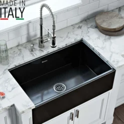 Ruvati Fiamma 33" Reversible Fireclay Apron-front Farmhouse Sink, Glossy Black, RVL2300BK