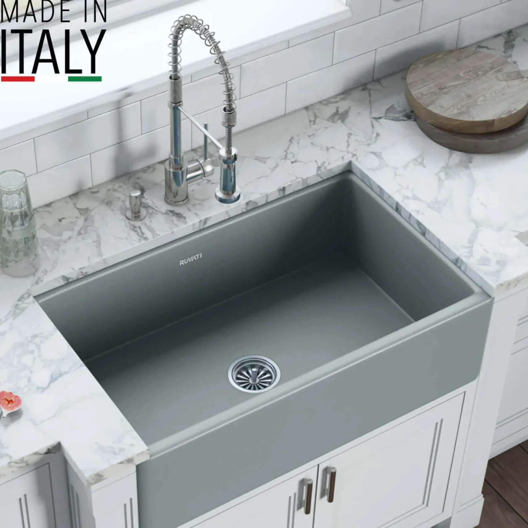 Ruvati Fiamma 33" Reversible Fireclay Apron-front Farmhouse Sink, Horizon Gray, RVL2300GR