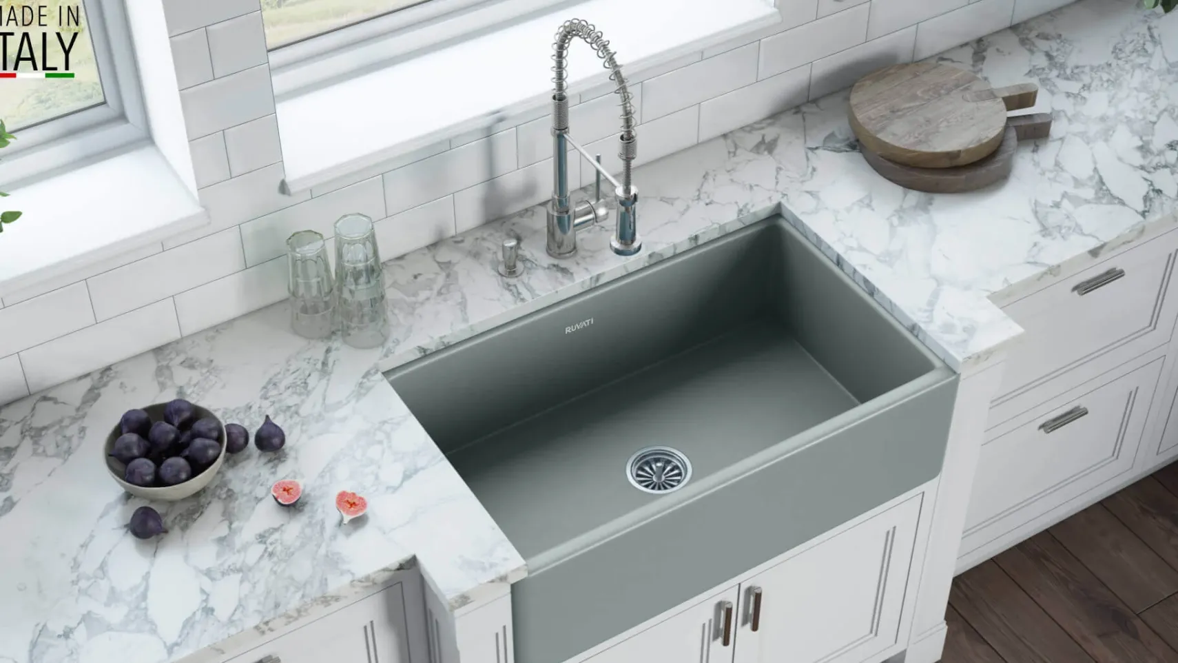 Ruvati Fiamma 33" Reversible Fireclay Apron-front Farmhouse Sink, Horizon Gray, RVL2300GR