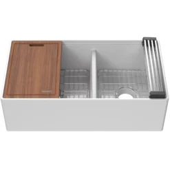 Ruvati Fiore 33" Fireclay Workstation Farmhouse Sink, 60/40 Double Bowl, White, RVL2382WH