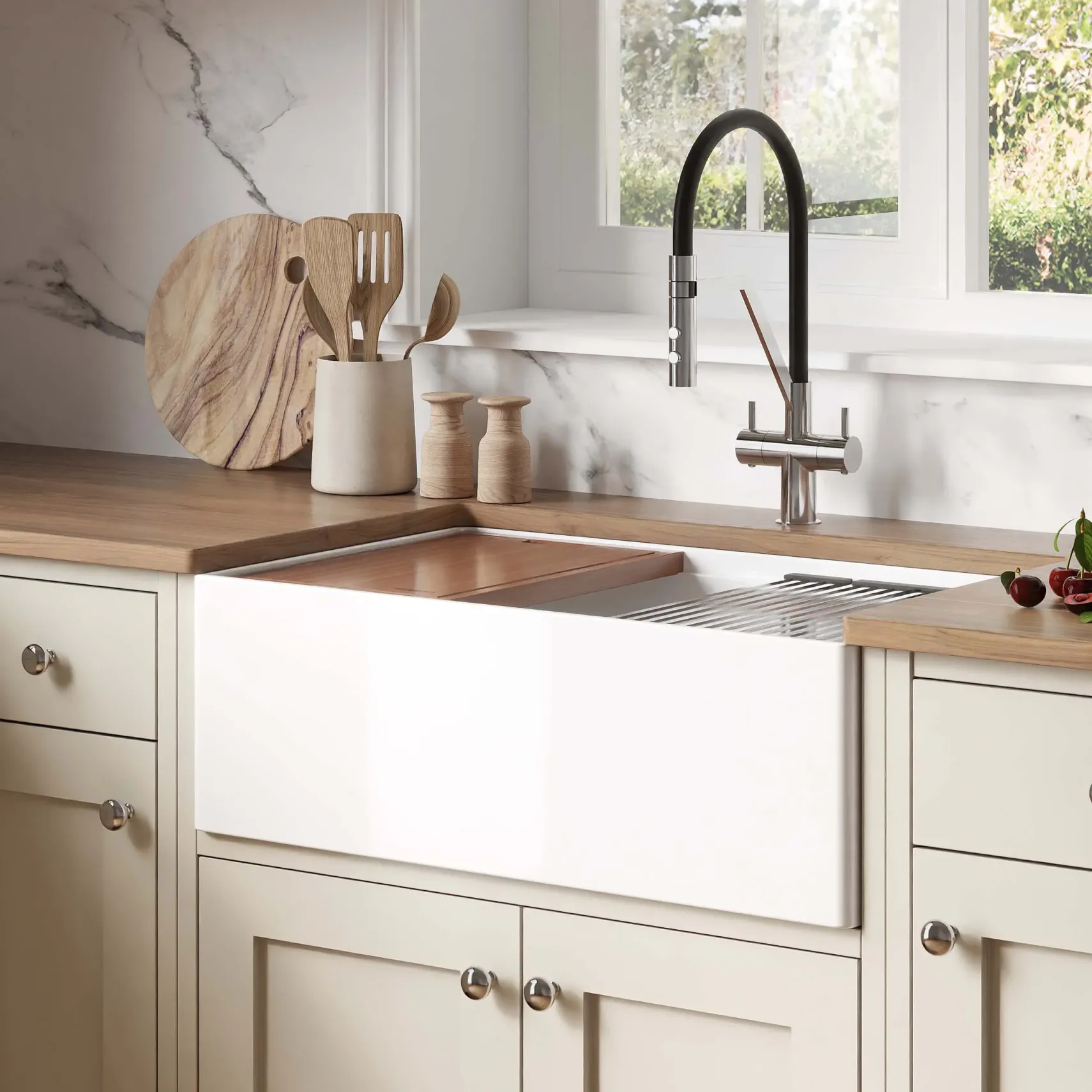 Ruvati Fiore 30" Fireclay Workstation Farmhouse Sink, White, RVL2182WH