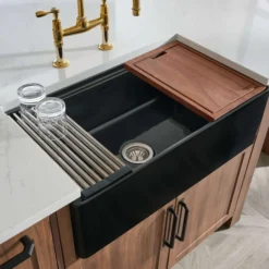 Ruvati Fiore 33 inch Fireclay Workstation Black Farmhouse Kitchen Sink Apron Front Single Bowl, Glossy Black, RVL2387BK