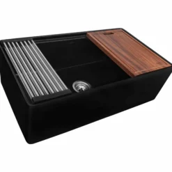 Ruvati Fiore 33 inch Fireclay Workstation Black Farmhouse Kitchen Sink Apron Front Single Bowl, Glossy Black, RVL2387BK