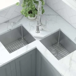 Ruvati Gravena 43" Undermount Corner Stainless Steel Kitchen Sink, 50/50 Double Bowl, 16 Gauge, RVH8400