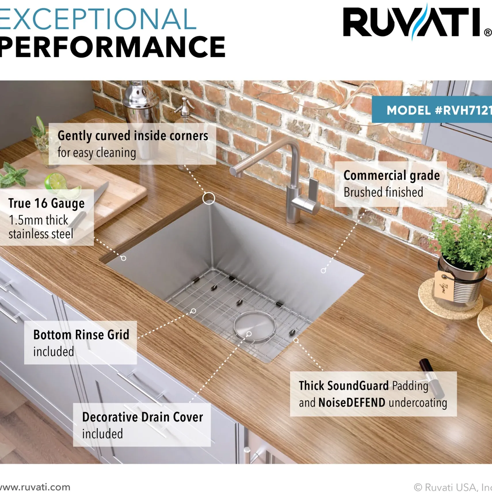 Ruvati Gravena 21" Undermount Rectangle Stainless Steel Bar/Prep Sink, 16 Gauge, Rounded Corners, RVH7121