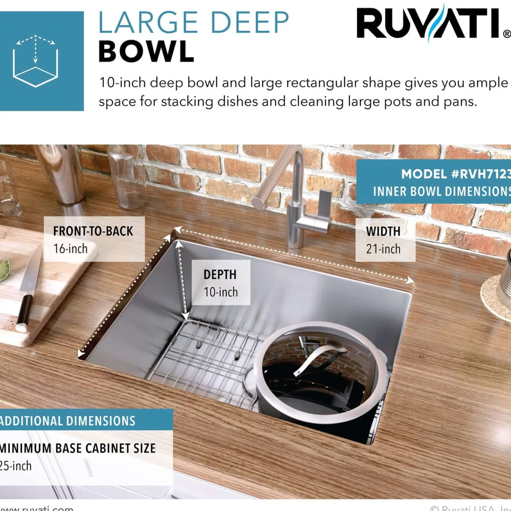 Ruvati Gravena 23" Undermount Stainless Steel Kitchen Sink, 16 Gauge, Rounded Corners, RVH7123
