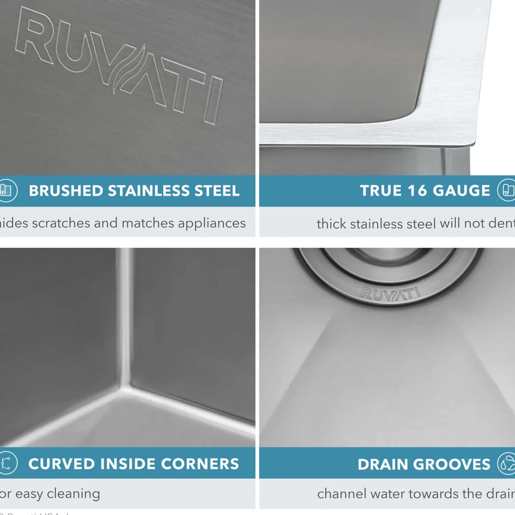 Ruvati Gravena 23" Undermount Stainless Steel Kitchen Sink, 16 Gauge, Rounded Corners, RVH7123