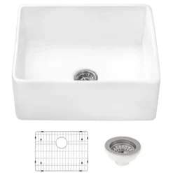 Ruvati 23-inch Fireclay Farmhouse Kitchen Laundry Utility Sink Single Bowl - White, RVL2468WH
