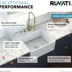 Ruvati 23-inch Fireclay Farmhouse Kitchen Laundry Utility Sink Single Bowl - White, RVL2468WH