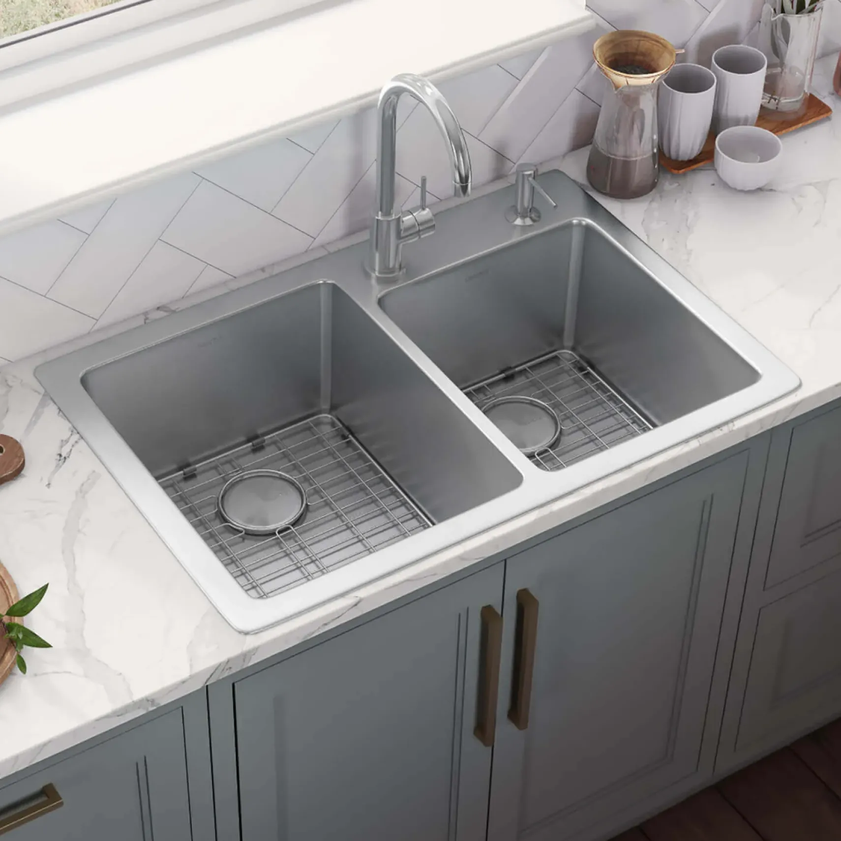 Ruvati Modena 33" Drop-in Topmount Stainless Steel Kitchen Sink, 60/40 Double Bowl, 16 Gauge, RVM5166