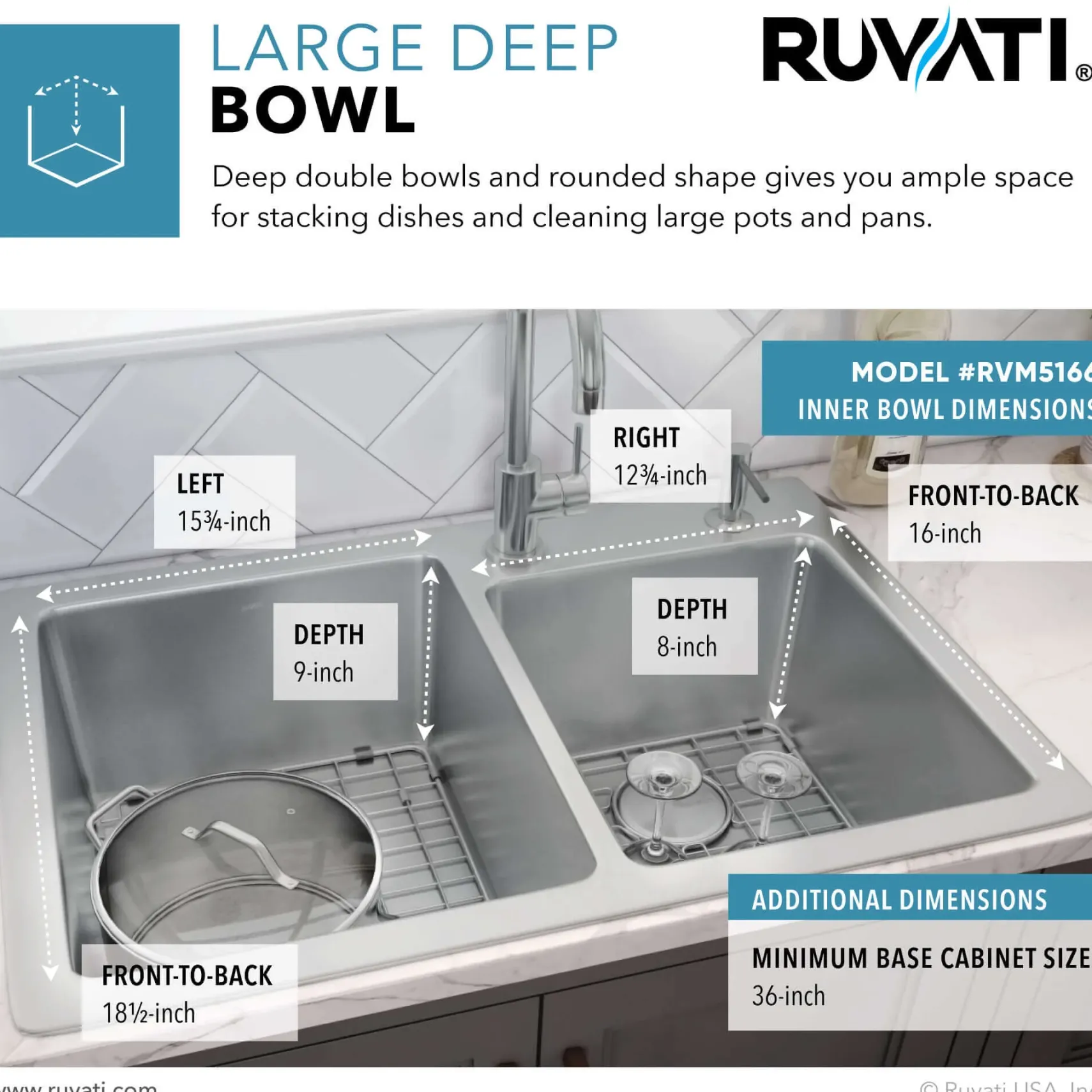 Ruvati Modena 33" Drop-in Topmount Stainless Steel Kitchen Sink, 60/40 Double Bowl, 16 Gauge, RVM5166