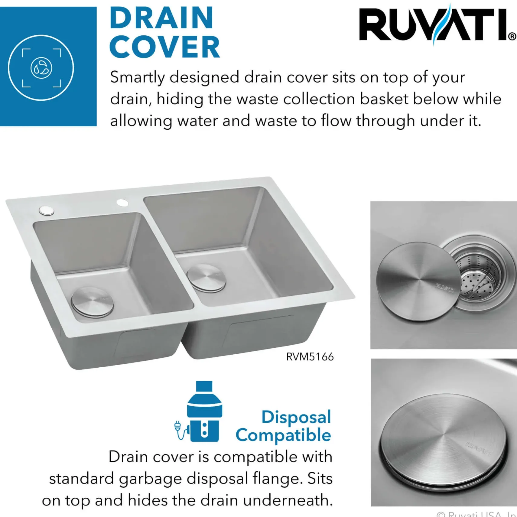 Ruvati Modena 33" Drop-in Topmount Stainless Steel Kitchen Sink, 60/40 Double Bowl, 16 Gauge, RVM5166