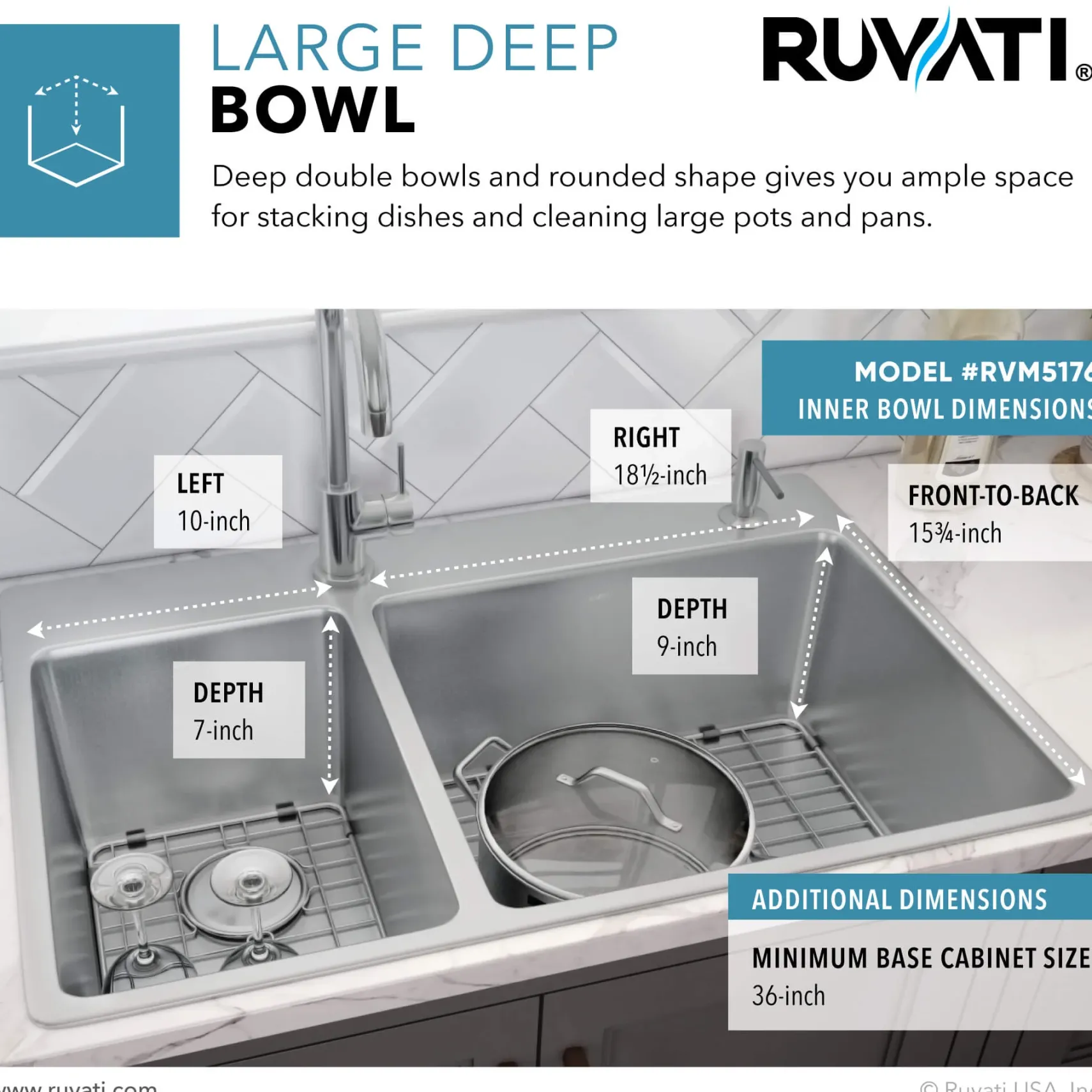 Ruvati Modena 33" Drop-in Topmount Stainless Steel Kitchen Sink, 30/70 Double Bowl, 16 Gauge, RVM5176