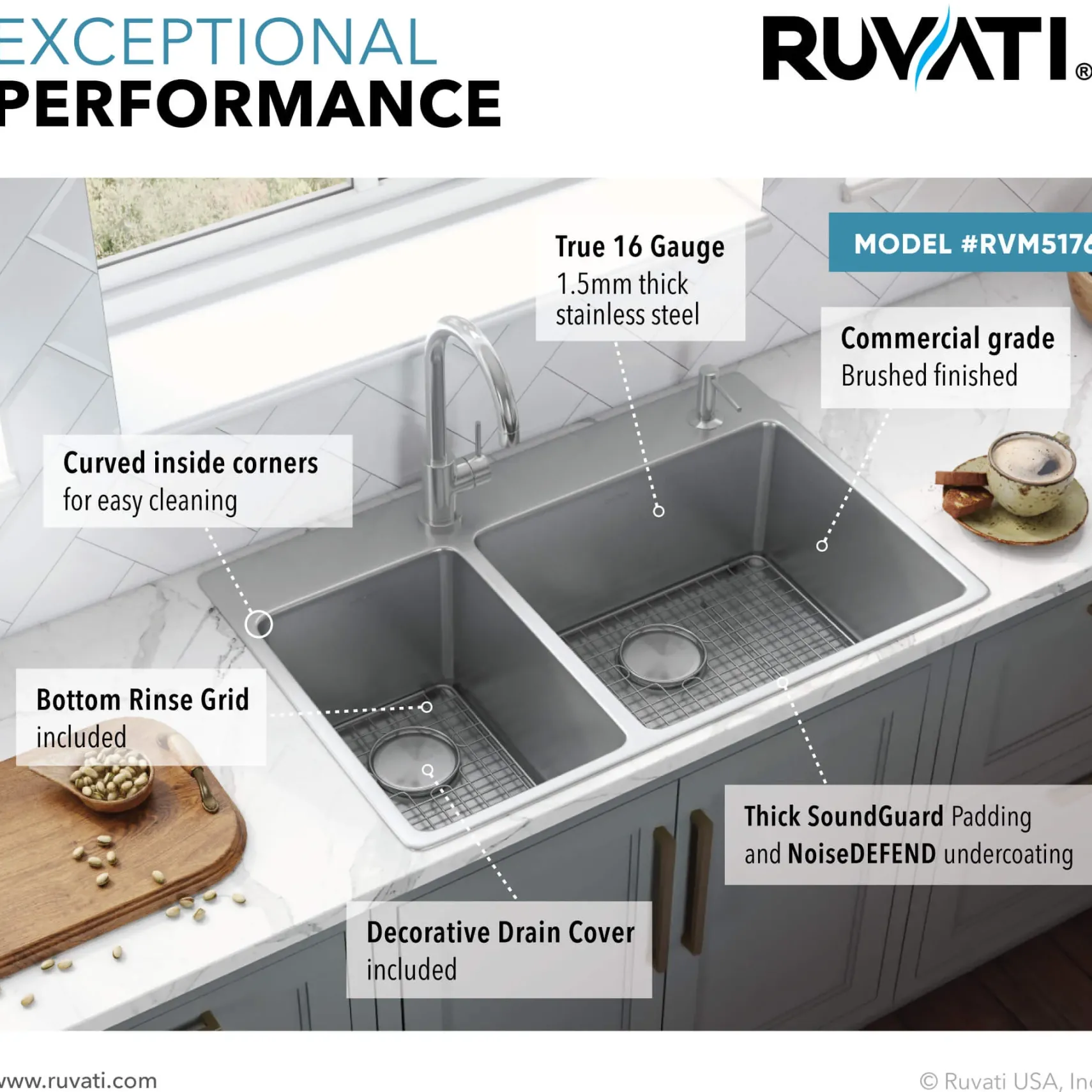 Ruvati Modena 33" Drop-in Topmount Stainless Steel Kitchen Sink, 30/70 Double Bowl, 16 Gauge, RVM5176